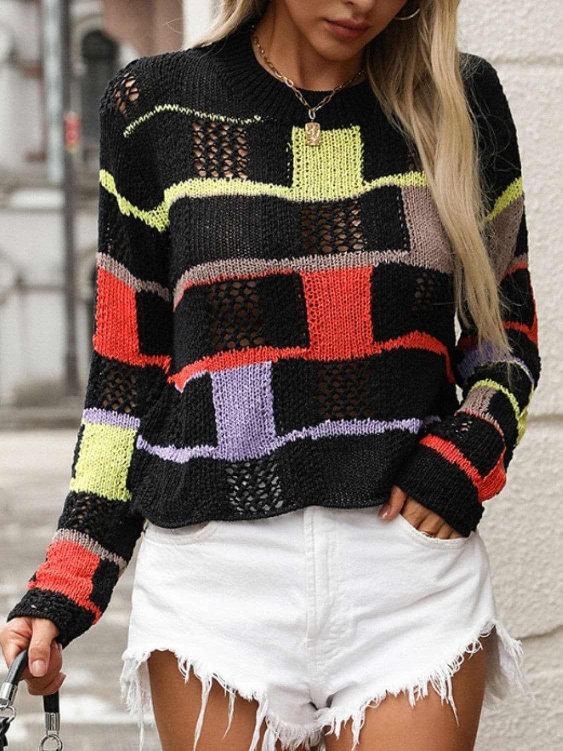 Colorful crochet round neck pullover - Love Salve